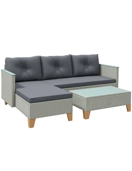 Outsunny 3 Pieces Rattan Garden Furniture Set, L Shaped Garden Conversation Chaise Lounge Furniture with Wood Top Coffee Table a