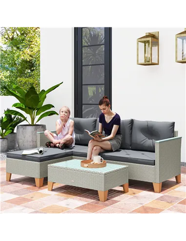 Outsunny 3 Pieces Rattan Garden Furniture Set, L Shaped Garden Conversation Chaise Lounge Furniture with Wood Top Coffee Table a
