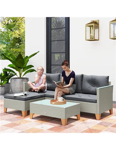 Outsunny 3 Pieces Rattan Garden Furniture Set, L Shaped Garden Conversation Chaise Lounge Furniture with Wood Top Coffee Table a