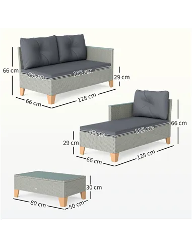 Outsunny 3 Pieces Rattan Garden Furniture Set, L Shaped Garden Conversation Chaise Lounge Furniture with Wood Top Coffee Table a