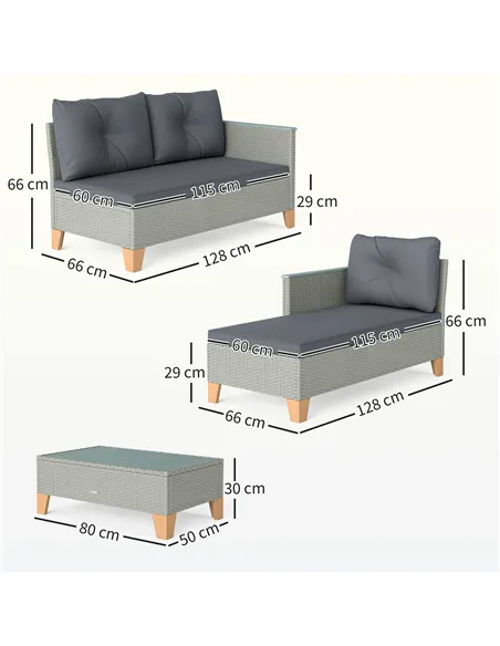 Outsunny 3 Pieces Rattan Garden Furniture Set, L Shaped Garden Conversation Chaise Lounge Furniture with Wood Top Coffee Table a