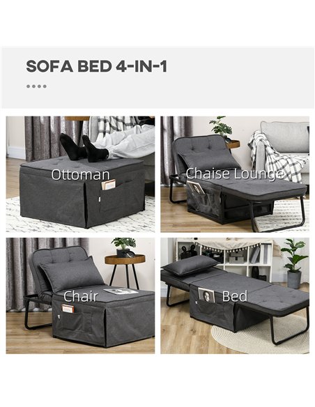 HOMCOM Fabric Sleeper Chair, Folding Chair Bed with Adjustable Backrest, Pillow, Side Pockets for Living Room, Charcoal Grey
