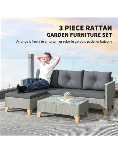 Outsunny 3 Pieces Rattan Garden Furniture Set, L Shaped Garden Conversation Chaise Lounge Furniture with Wood Top Coffee Table a