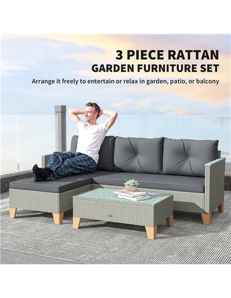 Outsunny 3 Pieces Rattan Garden Furniture Set, L Shaped Garden Conversation Chaise Lounge Furniture with Wood Top Coffee Table a