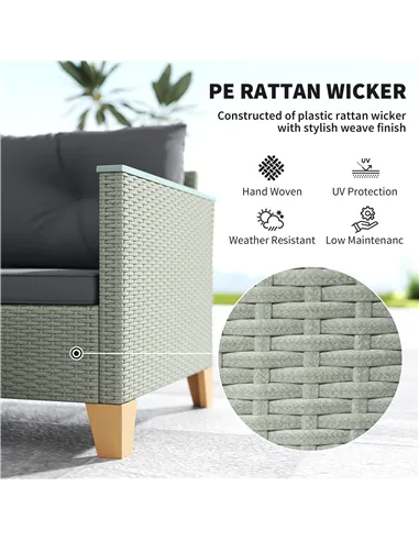 Outsunny 3 Pieces Rattan Garden Furniture Set, L Shaped Garden Conversation Chaise Lounge Furniture with Wood Top Coffee Table a