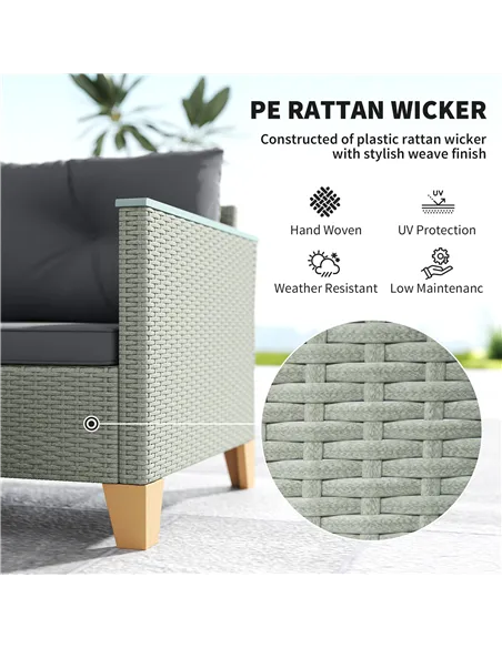 Outsunny 3 Pieces Rattan Garden Furniture Set, L Shaped Garden Conversation Chaise Lounge Furniture with Wood Top Coffee Table a