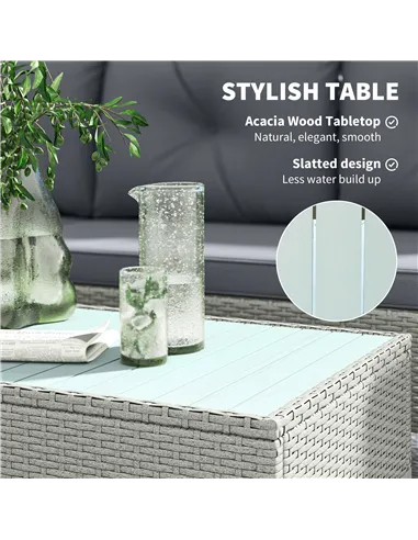 Outsunny 3 Pieces Rattan Garden Furniture Set, L Shaped Garden Conversation Chaise Lounge Furniture with Wood Top Coffee Table a