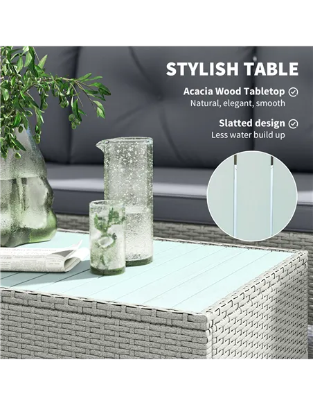 Outsunny 3 Pieces Rattan Garden Furniture Set, L Shaped Garden Conversation Chaise Lounge Furniture with Wood Top Coffee Table a