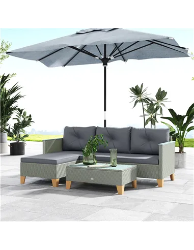 Outsunny 3 Pieces Rattan Garden Furniture Set, L Shaped Garden Conversation Chaise Lounge Furniture with Wood Top Coffee Table a