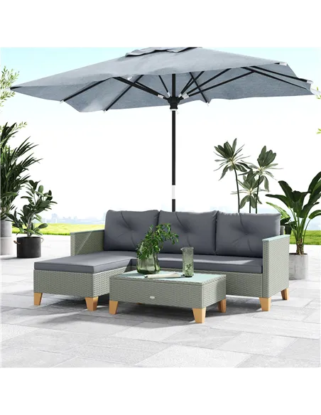 Outsunny 3 Pieces Rattan Garden Furniture Set, L Shaped Garden Conversation Chaise Lounge Furniture with Wood Top Coffee Table a