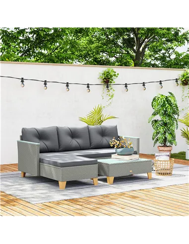Outsunny 3 Pieces Rattan Garden Furniture Set, L Shaped Garden Conversation Chaise Lounge Furniture with Wood Top Coffee Table a