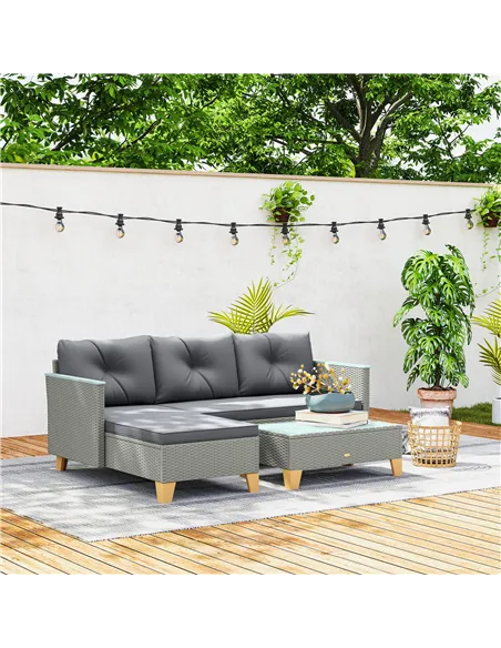 Outsunny 3 Pieces Rattan Garden Furniture Set, L Shaped Garden Conversation Chaise Lounge Furniture with Wood Top Coffee Table a