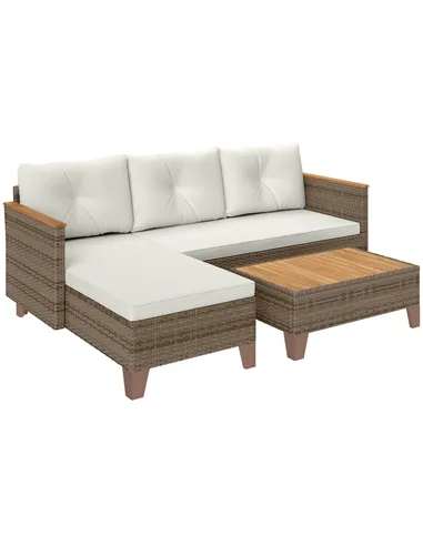 Outsunny 3 Pieces Rattan Garden Furniture Set, L Shaped Garden Conversation Chaise Lounge Furniture with Wood Top Coffee Table a