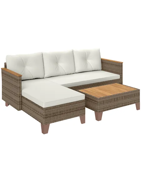 Outsunny 3 Pieces Rattan Garden Furniture Set, L Shaped Garden Conversation Chaise Lounge Furniture with Wood Top Coffee Table a