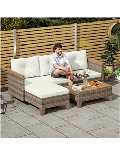 Outsunny 3 Pieces Rattan Garden Furniture Set, L Shaped Garden Conversation Chaise Lounge Furniture with Wood Top Coffee Table a 2