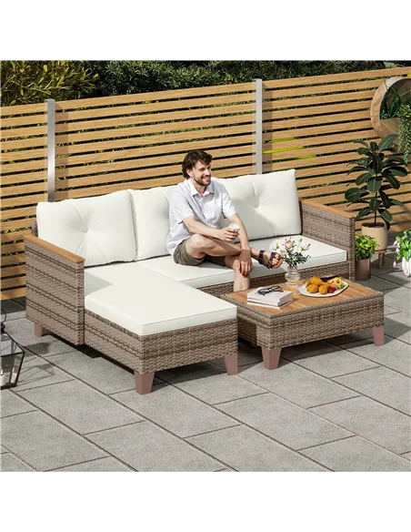 Outsunny 3 Pieces Rattan Garden Furniture Set, L Shaped Garden Conversation Chaise Lounge Furniture with Wood Top Coffee Table a