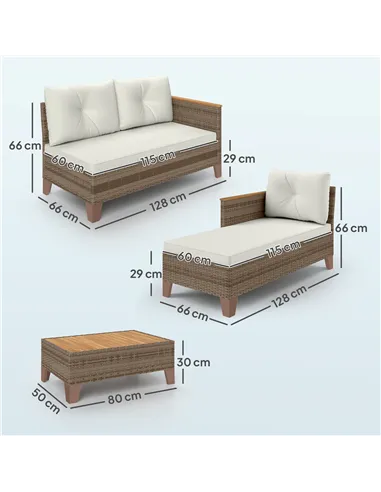 Outsunny 3 Pieces Rattan Garden Furniture Set, L Shaped Garden Conversation Chaise Lounge Furniture with Wood Top Coffee Table a