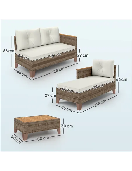 Outsunny 3 Pieces Rattan Garden Furniture Set, L Shaped Garden Conversation Chaise Lounge Furniture with Wood Top Coffee Table a