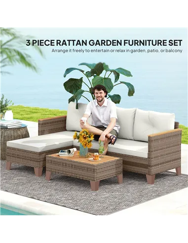 Outsunny 3 Pieces Rattan Garden Furniture Set, L Shaped Garden Conversation Chaise Lounge Furniture with Wood Top Coffee Table a