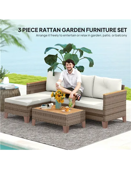 Outsunny 3 Pieces Rattan Garden Furniture Set, L Shaped Garden Conversation Chaise Lounge Furniture with Wood Top Coffee Table a