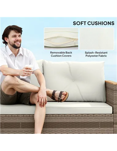 Outsunny 3 Pieces Rattan Garden Furniture Set, L Shaped Garden Conversation Chaise Lounge Furniture with Wood Top Coffee Table a