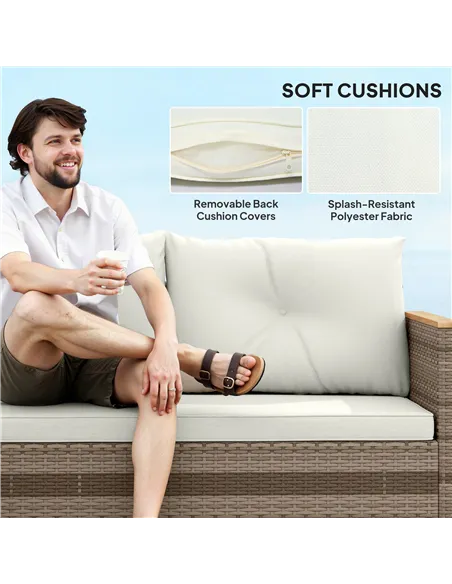 Outsunny 3 Pieces Rattan Garden Furniture Set, L Shaped Garden Conversation Chaise Lounge Furniture with Wood Top Coffee Table a