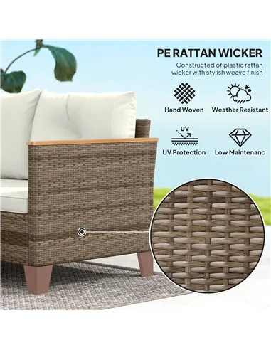 Outsunny 3 Pieces Rattan Garden Furniture Set, L Shaped Garden Conversation Chaise Lounge Furniture with Wood Top Coffee Table a