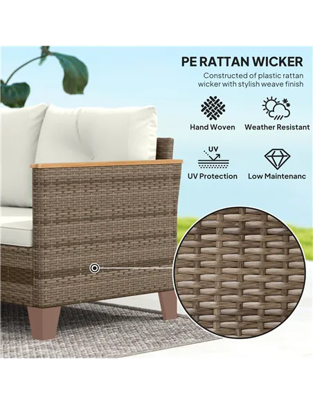 Outsunny 3 Pieces Rattan Garden Furniture Set, L Shaped Garden Conversation Chaise Lounge Furniture with Wood Top Coffee Table a