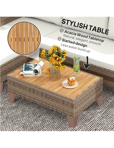 Outsunny 3 Pieces Rattan Garden Furniture Set, L Shaped Garden Conversation Chaise Lounge Furniture with Wood Top Coffee Table a