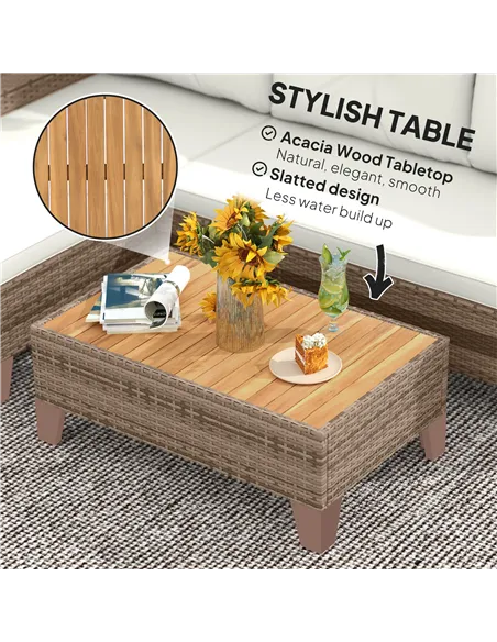 Outsunny 3 Pieces Rattan Garden Furniture Set, L Shaped Garden Conversation Chaise Lounge Furniture with Wood Top Coffee Table a