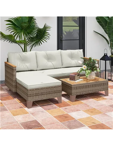 Outsunny 3 Pieces Rattan Garden Furniture Set, L Shaped Garden Conversation Chaise Lounge Furniture with Wood Top Coffee Table a