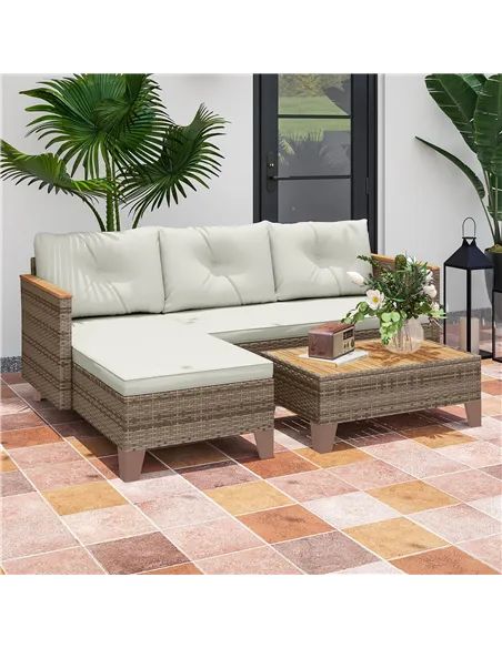 Outsunny 3 Pieces Rattan Garden Furniture Set, L Shaped Garden Conversation Chaise Lounge Furniture with Wood Top Coffee Table a