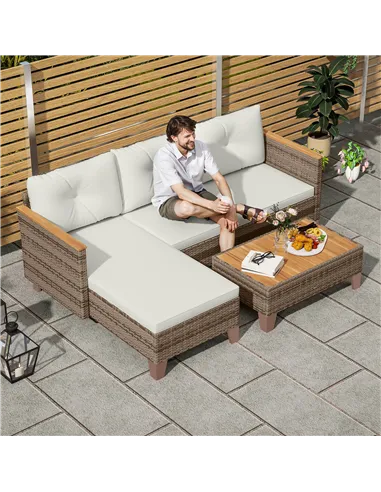 Outsunny 3 Pieces Rattan Garden Furniture Set, L Shaped Garden Conversation Chaise Lounge Furniture with Wood Top Coffee Table a