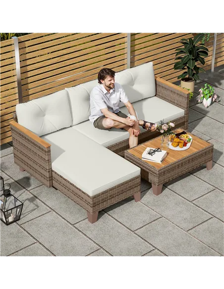Outsunny 3 Pieces Rattan Garden Furniture Set, L Shaped Garden Conversation Chaise Lounge Furniture with Wood Top Coffee Table a