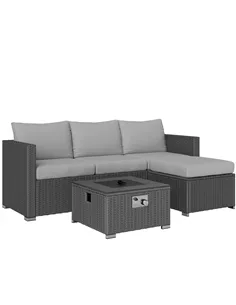 Outsunny Five Piece Rattan Garden Furniture Set with Gas Fire Pit Table and Footstool - Grey