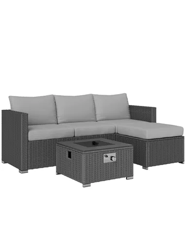 Outsunny Five Piece Rattan Garden Furniture Set with Gas Fire Pit Table and Footstool - Grey