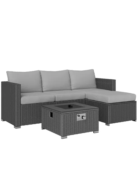 Outsunny Five Piece Rattan Garden Furniture Set with Gas Fire Pit Table and Footstool - Grey
