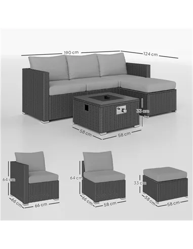 Outsunny Five Piece Rattan Garden Furniture Set with Gas Fire Pit Table and Footstool - Grey