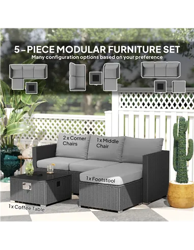 Outsunny Five Piece Rattan Garden Furniture Set with Gas Fire Pit Table and Footstool - Grey