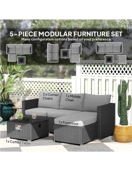 Outsunny Five Piece Rattan Garden Furniture Set with Gas Fire Pit Table and Footstool - Grey