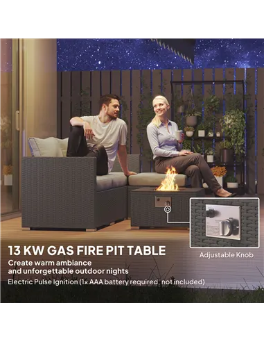 Outsunny Five Piece Rattan Garden Furniture Set with Gas Fire Pit Table and Footstool - Grey