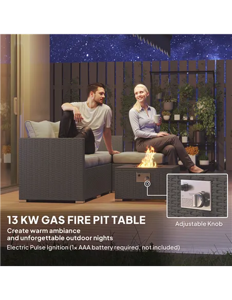 Outsunny Five Piece Rattan Garden Furniture Set with Gas Fire Pit Table and Footstool - Grey