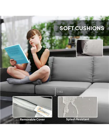 Outsunny Five Piece Rattan Garden Furniture Set with Gas Fire Pit Table and Footstool - Grey