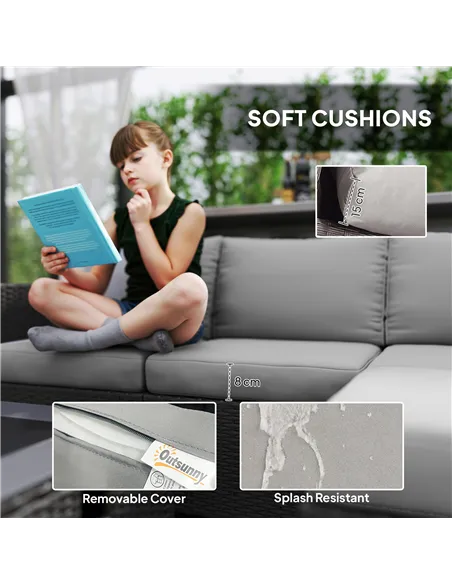 Outsunny Five Piece Rattan Garden Furniture Set with Gas Fire Pit Table and Footstool - Grey