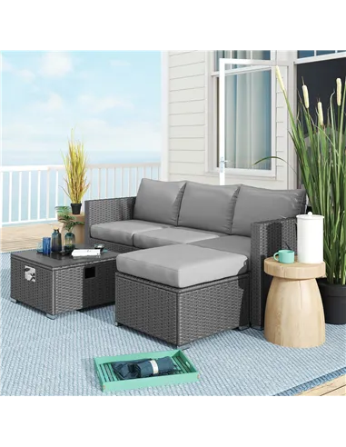 Outsunny Five Piece Rattan Garden Furniture Set with Gas Fire Pit Table and Footstool - Grey