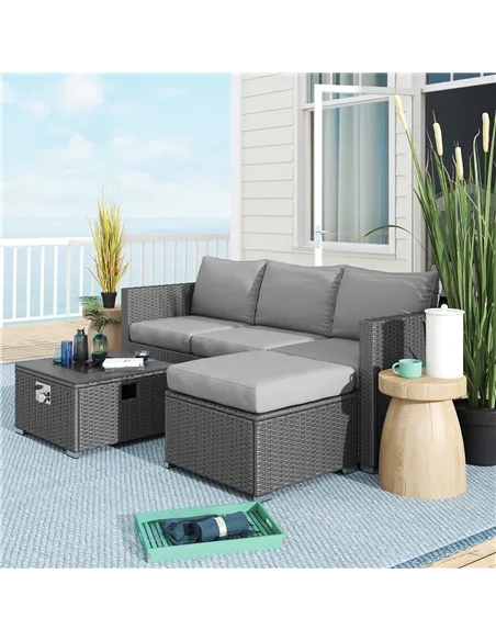 Outsunny Five Piece Rattan Garden Furniture Set with Gas Fire Pit Table and Footstool - Grey