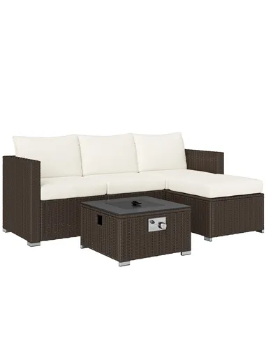 Outsunny Five Piece Rattan Garden Furniture Set with Gas Fire Pit Table and Footstool - Brown and Cream White