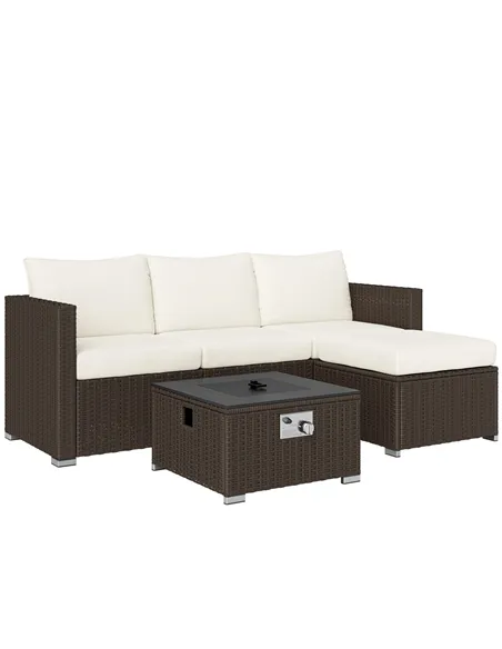 Outsunny Five Piece Rattan Garden Furniture Set with Gas Fire Pit Table and Footstool - Brown and Cream White