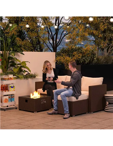 Outsunny Five Piece Rattan Garden Furniture Set with Gas Fire Pit Table and Footstool - Brown and Cream White