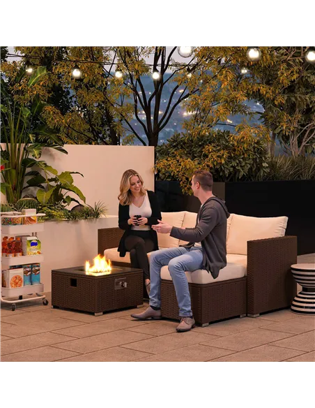 Outsunny Five Piece Rattan Garden Furniture Set with Gas Fire Pit Table and Footstool - Brown and Cream White